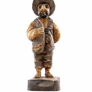 Vintage 1973 Hand Carved Wood Man Figurine | Rustic Folk Art Sculpture with Satchel & Hat