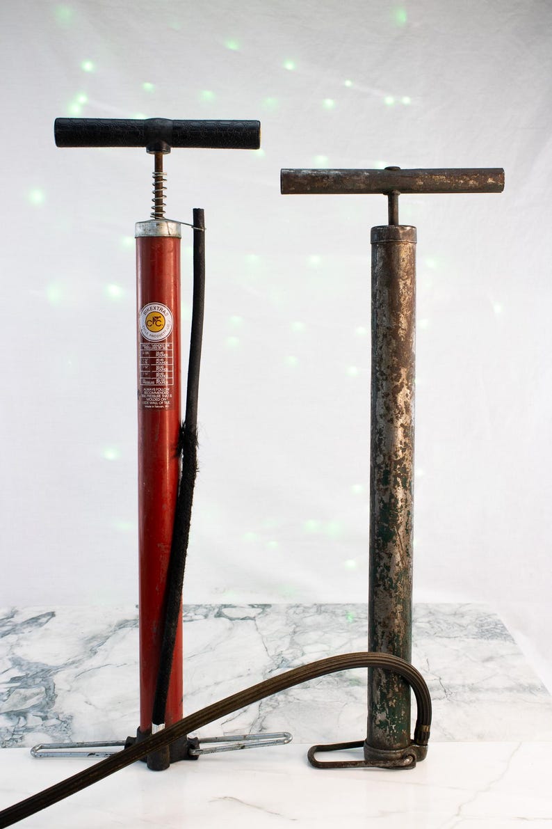 Vintage Bicycle Floor Pumps Set BikeXtras Red Pump Green Metal Pump Lot image 3