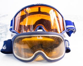 Vintage Scott + Bolle Ski Goggle Set 2 Pairs Navy Blue Amber Lens Display Lot