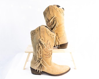 Roper Fringe Western Boots – Women’s Size 6.5 – Tan Suede Cowgirl Boots