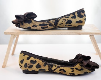 Libby Edelman Womens Leopard Calf Hair Ballet Flats Brown Bow Toe Size 8 M