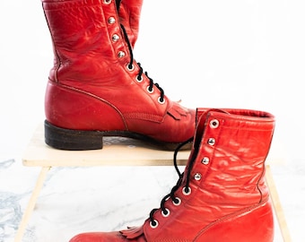 Botas vintage Justin rojas con cordones para mujer, 6.5, de cuero con flecos, EE. UU.