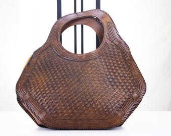 Vintage 70s Tooled Leather Basketweave Oversized Tote Bag Cutout Handle Purse 19 In