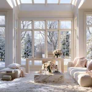 Könnte beinhalten: Ein digitales Bild eines sonnendurchfluteten Raums mit großen Fenstern und Blick auf eine verschneite Landschaft, mit einem weißen Sofa mit rosa Kissen, einem Marmor-Couchtisch mit Blumen, einem Schreibtisch und zwei Topfpflanzen auf einem weißen Teppich. Text: WINTER HOME OFFICE ZOOM BACKGROUND Violet Muse Atelier.
