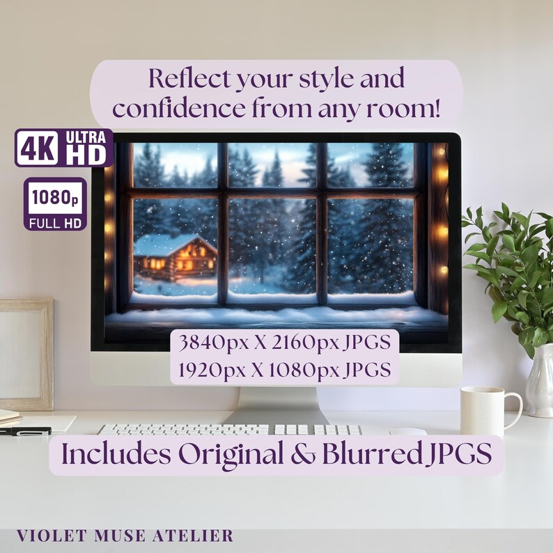 Snowy Log Cabin Zoom Background: Cozy Winter Window Virtual Backdrop ...