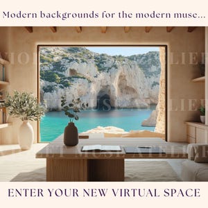 Warm Coastal Office Zoom Background, Mediterranean Teams Virtual Backdrop, Serene Professional Digital Workspace, Instant Download