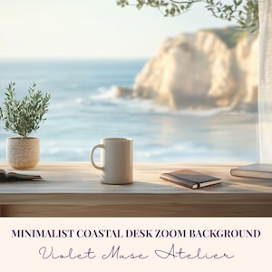 Può includere: Uno sfondo zoom da scrivania costiera minimalista con una tazza colorata chiara, una piccola pianta in vaso e un libro chiuso. Lo sfondo mostra una vista panoramica sull'oceano con una scogliera sfocata e una tenda bianca trasparente.