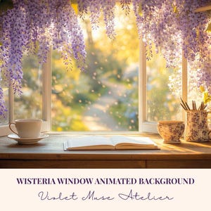 Puede incluir: Una escena serena con una ventana adornada con glicinas moradas colgantes. Una taza y platillo, un libro abierto y cerámicas con motivos florales están sobre una superficie de madera. El texto "WISTERIA WINDOW ANIMATED BACKGROUND" y "Violet Muse Atelier" son visibles.