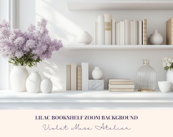 Lilac Bookshelf Zoom Background: Chic White Shelf with Books Virtual Backdrop (Instant Download)