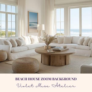 Beach House Zoom Background: Coastal Living Room Virtual Backdrop (4K Digital Download)