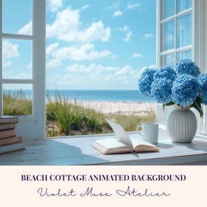 Fondo animado para Zoom de una casa de playa: Fondo virtual de vídeo con hortensias junto al mar (descarga instantánea en MP4)