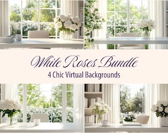 Elegant Office Zoom Background Bundle: 4 White Rose Home Office Virtual Backdrops (Instant Download)