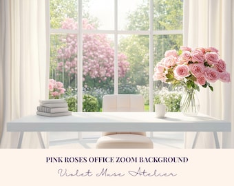 Pink Rose Garden Zoom Background: Elegant Home Office Virtual Backdrop (Instant Download)