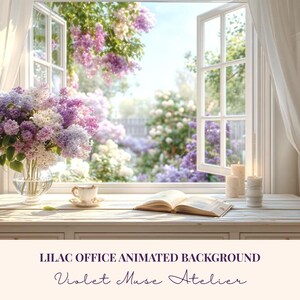 Puede incluir: Escena interior soleada con un escritorio blanco, una ventana abierta y un ramo de lilas en un jarrón de cristal. La ventana da a un jardín lleno de flores moradas. Una taza de té, velas y un libro abierto están sobre el escritorio. Texto: "Lilac Office Animated Background" y "Violet Muse Atelier."