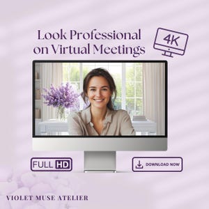 May include: A woman on a video call, looking professional for a virtual meeting. The image shows a computer screen with a woman smiling and looking at the camera. The text "Look Professional on Virtual Meetings" is above the screen, and "4K" is in a box to the right of the screen. The text "FULL HD" is below the screen.