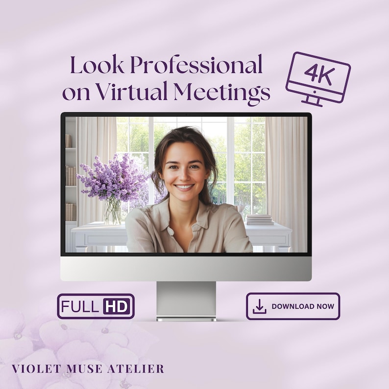 May include: A woman on a video call, looking professional for a virtual meeting. The image shows a computer screen with a woman smiling and looking at the camera. The text "Look Professional on Virtual Meetings" is above the screen, and "4K" is in a box to the right of the screen. The text "FULL HD" is below the screen.