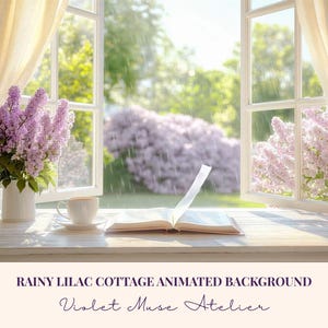 Animated Rainy Lilac Cottage Zoom Background: Garden Office Window Rain Video Loop Virtual Backdrop (MP4 Instant Download)