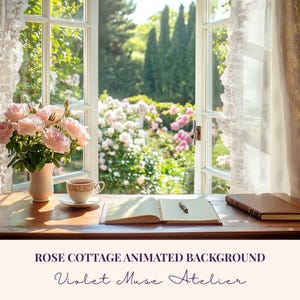Puede incluir: Una escena soleada con un escritorio de madera junto a una ventana con vistas a un jardín. Un jarrón con rosas rosas, una taza de té, un cuaderno abierto con un bolígrafo y un libro cerrado están sobre el escritorio. El texto dice "ROSE COTTAGE ANIMATED BACKGROUND" y "Violet Muse Atelier."