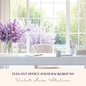 Elegante fondo virtual para Zoom de oficina en casa: Vista tranquila de un jardín de lilas primaverales (descarga instantánea)