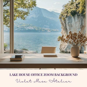 Lake House Office Zoom Background: Mediterranean View Window Virtual Backdrop (4K Digital Download)