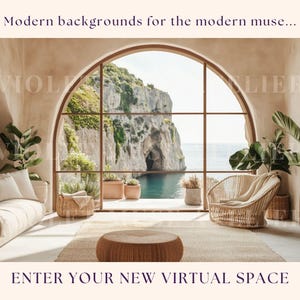 Mediterranean Window Zoom Background, Boho Coastal Virtual Backdrop, Professional Digital Workspace for Video Calls, Instant Download