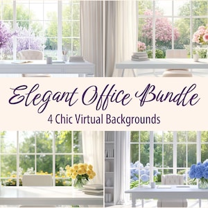 May include: An image showcasing four elegant office virtual backgrounds. Each scene features a white desk, chair, and large window with a garden view. The desks are adorned with flowers, books, and office supplies. Text reads "Elegant Office Bundle".