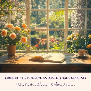 May include: A sunlit scene of a wooden table with an open book, a teacup, and a pot of orange roses. The table is in front of a large window overlooking a lush garden. Text on the image reads "GREENHOUSE OFFICE ANIMATED BACKGROUND" and "Violet Muse Atelier."