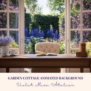 May include: A sunlit interior scene with a wooden desk, an open book, and a cream-colored chair. The desk is set before a large window overlooking a vibrant garden with purple and blue flowers. Text at the bottom reads "GARDEN COTTAGE ANIMATED BACKGROUND" and "Violet Muse Atelier."