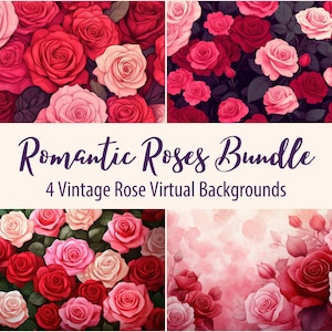May include: A digital art bundle with four vintage rose virtual backgrounds. The backgrounds display arrangements of red, pink, and cream roses. The text "Romantic Roses Bundle" is written in a decorative script.