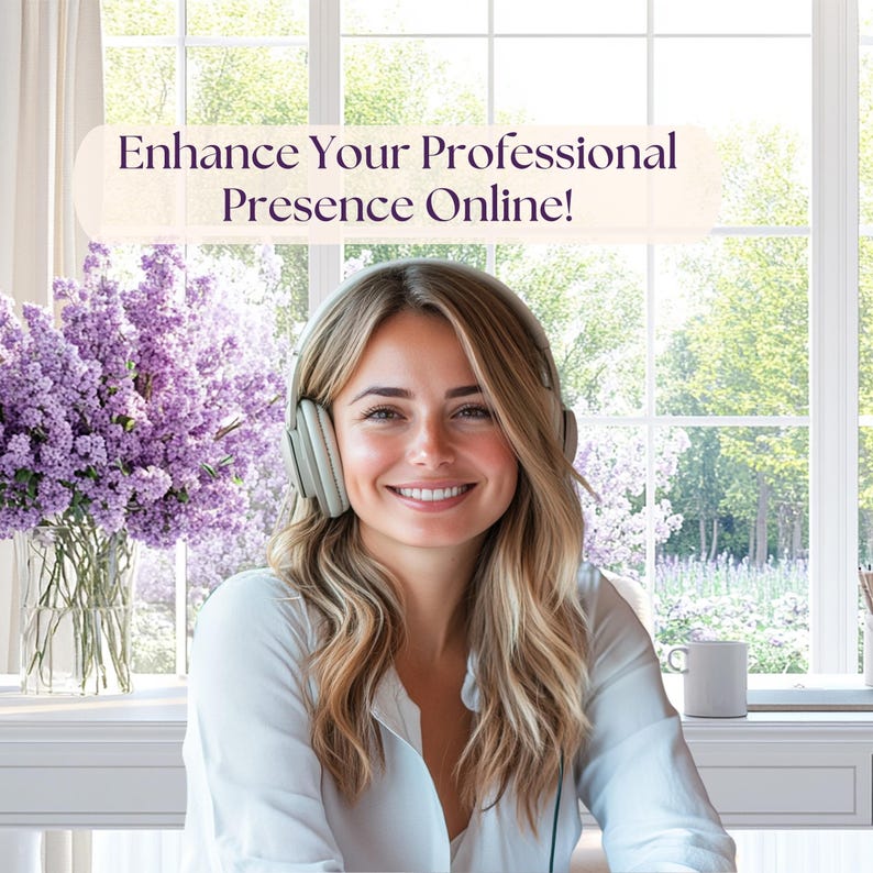 May include: A woman wearing headphones smiles at the camera while sitting in front of a window. The text "Enhance Your Professional Presence Online!" is displayed above her head.