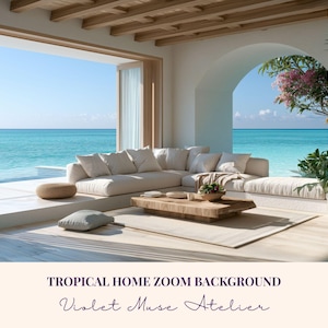 Tropical Beach House Zoom Background: Oceanfront Home Living Room Virtual Backdrop (Digital Download)