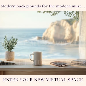 Calm Coastal Desk Zoom Background, Serene Ocean View Virtual Backdrop, Minimalist Professional Digital Workspace, Instant Download