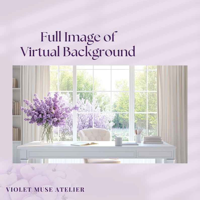 May include: A white desk with a white chair in front of a window with white curtains. A bouquet of purple flowers is on the desk. The window looks out onto a green garden with trees and bushes.