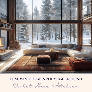 May include: A cozy winter cabin interior with a large window overlooking a snowy forest. The room features a fireplace, a sectional sofa, a patterned rug, and a small coffee table. The text "LUXE WINTER CABIN ZOOM BACKGROUND" and "Violet Muse Atelier" is visible.