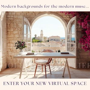 Elegant Balcony Office Zoom Background, Coastal Mediterranean Virtual Workspace, Professional Backdrop for Video Calls, Instant Download