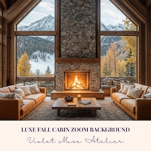 Könnte beinhalten: Gemütliches Hütteninterieur mit Steinkamin und Feuer. Zwei braune Ledersofas stehen dem Kamin gegenüber, mit großen Fenstern, die einen Blick auf einen schneebedeckten Berg und Herbstlaub bieten. Der Text lautet "LUXE FALL CABIN ZOOM BACKGROUND" und "Violet Muse Atelier."