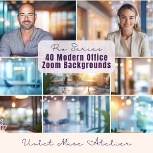 May include: A promotional image for "Pro Series 40 Modern Office Zoom Backgrounds" by Violet Muse Atelier. The image features a collage of office scenes and portraits of people. A 90% off promotion is also displayed.