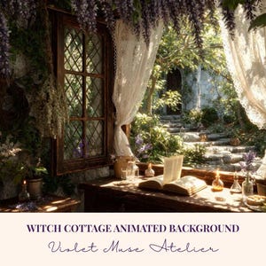 Animated Witch Cottage Window Zoom Background: Witchy Herb Garden Magical Writing Nook Video Virtual Backdrop (MP4 Instant Download)