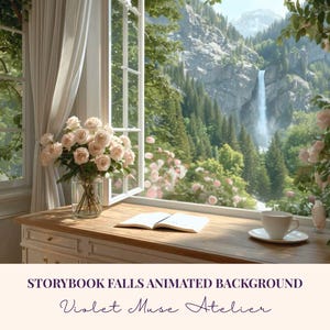 May include: An interior scene with a window framing a waterfall and verdant landscape. A wooden desk features a vase of pink roses, an open book, and a teacup. The text reads "Storybook Falls Animated Background" and "Violet Muse Atelier".