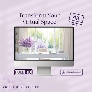 May include: A computer monitor displaying a virtual office space with a white desk, a chair, and a bouquet of purple flowers. The monitor is labeled "FULL HD" and "4K". The text "Transform Your Virtual Space" is displayed above the monitor. The text "VIOLET MUSE ATELIER" is displayed below the monitor.