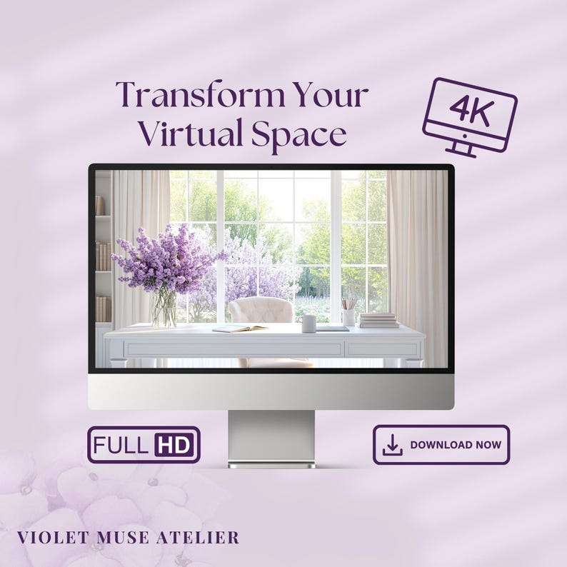 May include: A computer monitor displaying a virtual office space with a white desk, a chair, and a bouquet of purple flowers. The monitor is labeled "FULL HD" and "4K". The text "Transform Your Virtual Space" is displayed above the monitor. The text "VIOLET MUSE ATELIER" is displayed below the monitor.