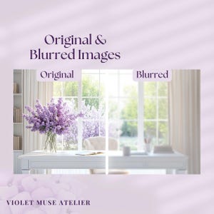 May include: A white desk with a vase of purple flowers in front of a window. The window is open and there is a view of a garden outside. The desk is in a room with white walls and a white chair. The image is blurred on the right side.
