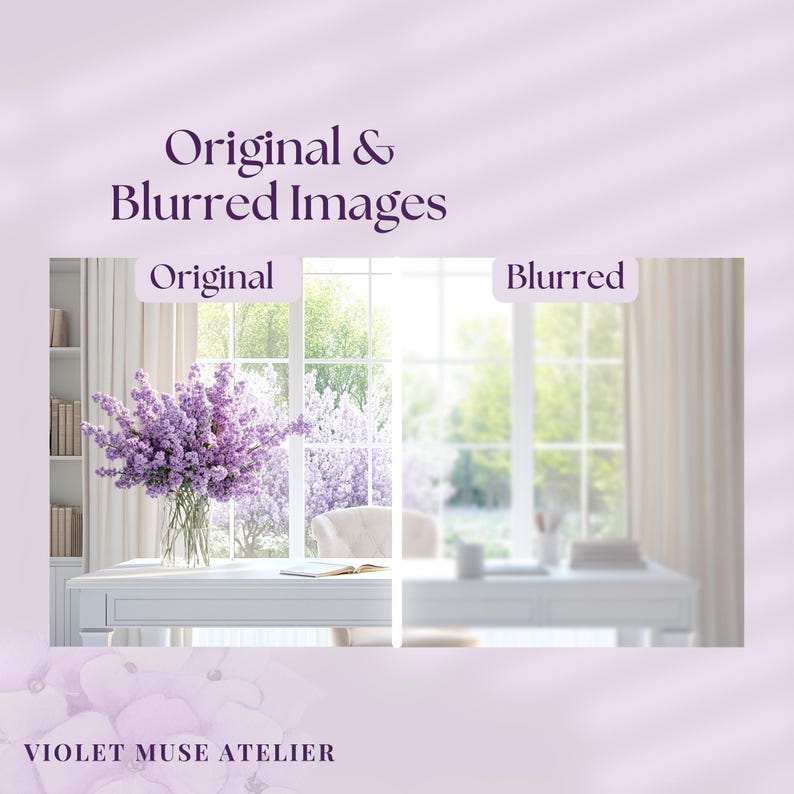 May include: A white desk with a vase of purple flowers in front of a window. The window is open and there is a view of a garden outside. The desk is in a room with white walls and a white chair. The image is blurred on the right side.