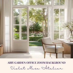 Airy Garden Office Zoom Background: Elegant French Doors Home Office Virtual Backdrop (Instant Download)