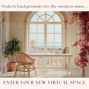 Coastal Conservatory Zoom Background, Elegant Mediterranean Office with Ocean View Virtual Backdrop, Digital Workspace, Instant Download
