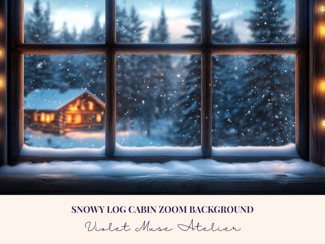 Snowy Log Cabin Zoom Background: Cozy Winter Window Virtual Backdrop ...