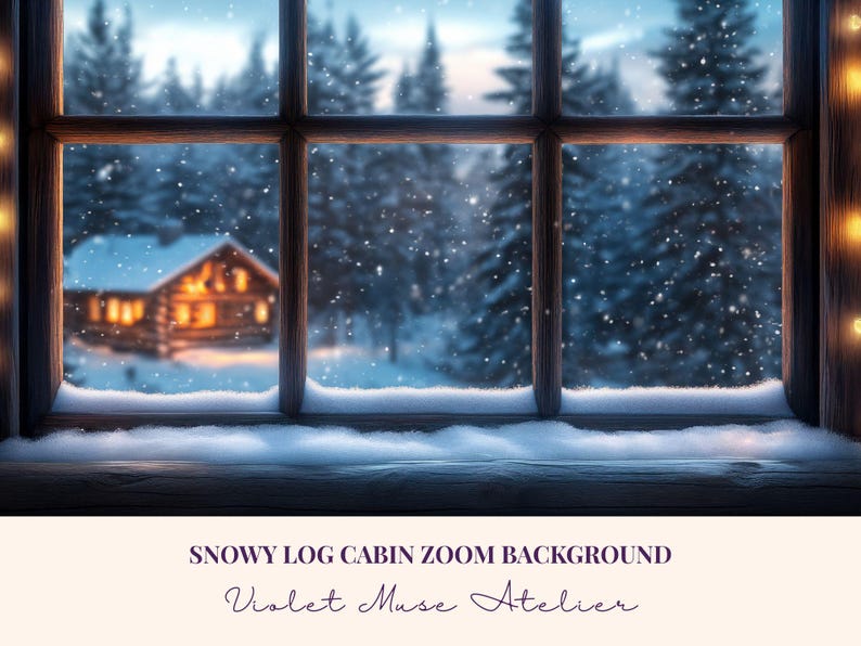Snowy Log Cabin Zoom Background: Cozy Winter Window Virtual Backdrop ...