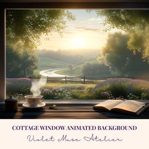 May include: A digital illustration of a cottage window with a scenic view. A cup of tea steams on a saucer, next to an open book. The window frames a landscape of rolling hills, a river, and a sunset. Text at the bottom reads "COTTAGE WINDOW ANIMATED BACKGROUND" and "Violet Muse Atelier."