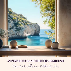 Animated Coastal Office Zoom Background: Mediterranean Ocean View Video Animation Backdrop (MP4 Instant Download)