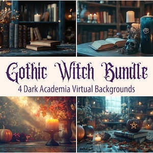 May include: A collection of four dark academia virtual backgrounds with a gothic witch theme. Each background features candles, books, and pumpkins, creating a mystical and atmospheric setting. The text "Gothic Witch Bundle" is displayed prominently.